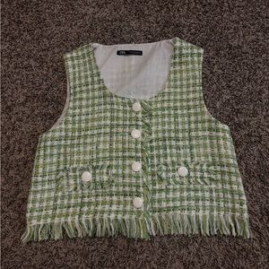 Zara Green and White Tweed Fringe Cropped Vest